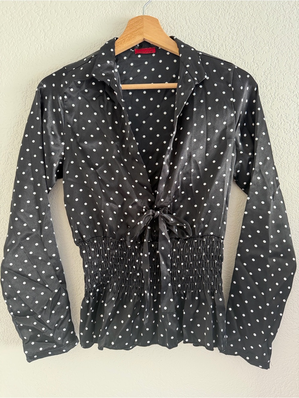 Vintage Polka Dot Satin Wrap Blouse Tie Front — Women's XS/S